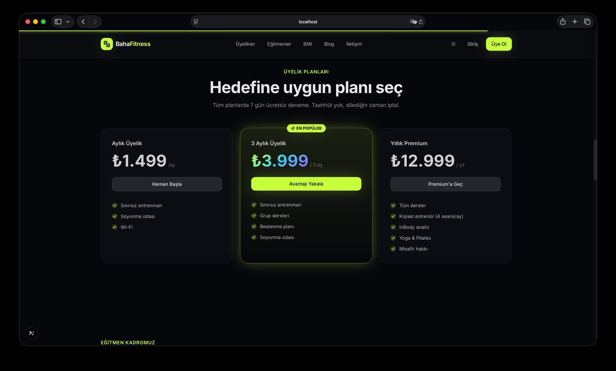 Fitness üyelik planları